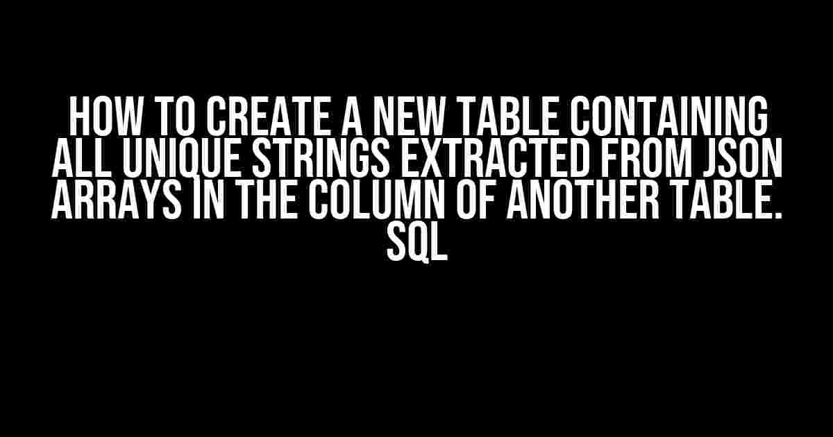 How to Create a New Table Containing All Unique Strings Extracted from JSON Arrays in the Column of Another Table. SQL